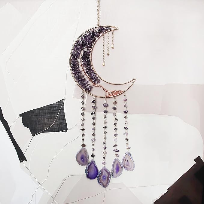 Crystal Dream Catcher with Moon Suncatcher, Boho Bedroom Decor for Women Girls, Handmade Hanging Wall Decor Gift Decor for Bedroom Living Room Garden