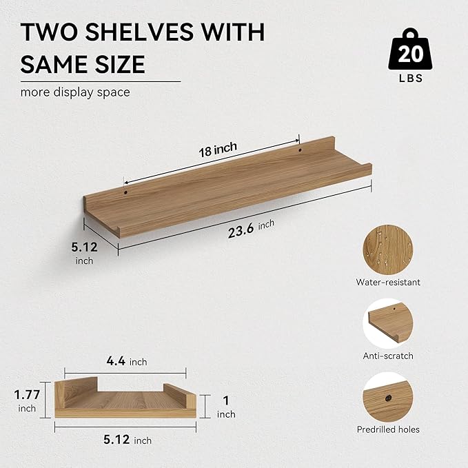 Boswillon 23.6 Inches Long Floating Shelves, 2 Set Modern Wall Shelf for Bedroom, Nursery Book Shelf with Lip, Picture Ledge Shelf for Wall Decor Living Room Bathroom Kitchen - Oak