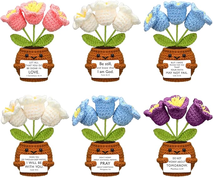 Wavwavw 6 Pcs Christian Gift for Women Inspirational Religious Gifts Positive Faith Scripture Crochet Handmade Bible Verse Crochet Doll with Prayer Card for Vbs Church(Lily of the Valley)