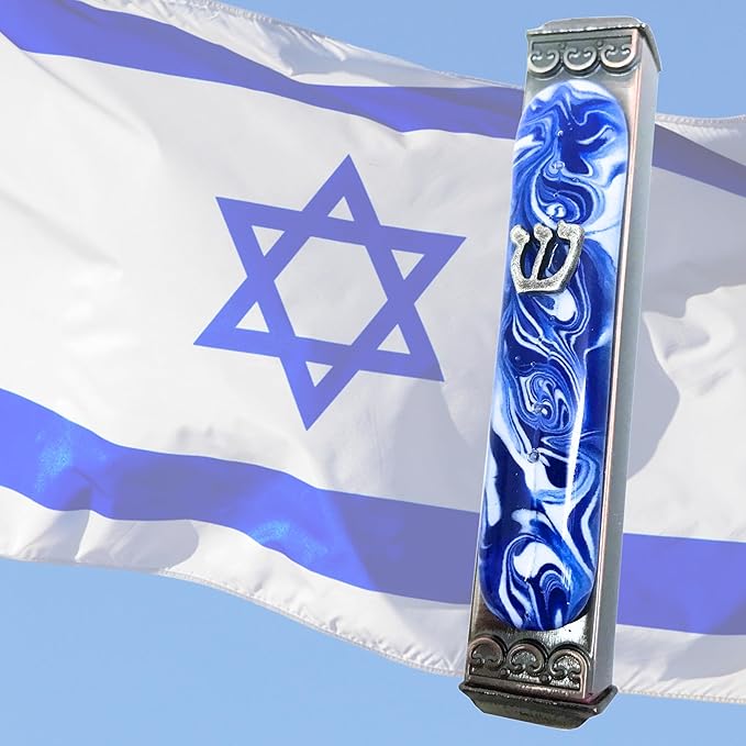 Tamara Baskin Art Glass Mezuzah, Easy Mount Indoor or Outdoor Weatherproof Metal Case Gift Box and Non-Kosher Scroll Included Hand Made in USA Guaranteed for Life (Marbled Blue White)