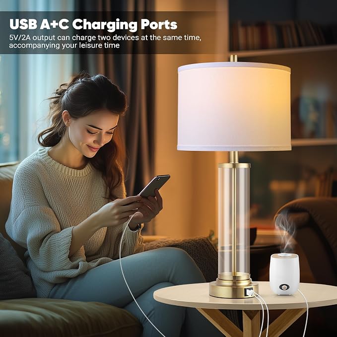 QiMH Lamps for Bedrooms Set of 2, Touch Control Table Lamps with USB A+C Ports, 3-Way Dimmable Bedside Lamp with Fabric Lampshade, Modern Nightstand Lamp for Living Room Bedroom (LED Bulbs Included)