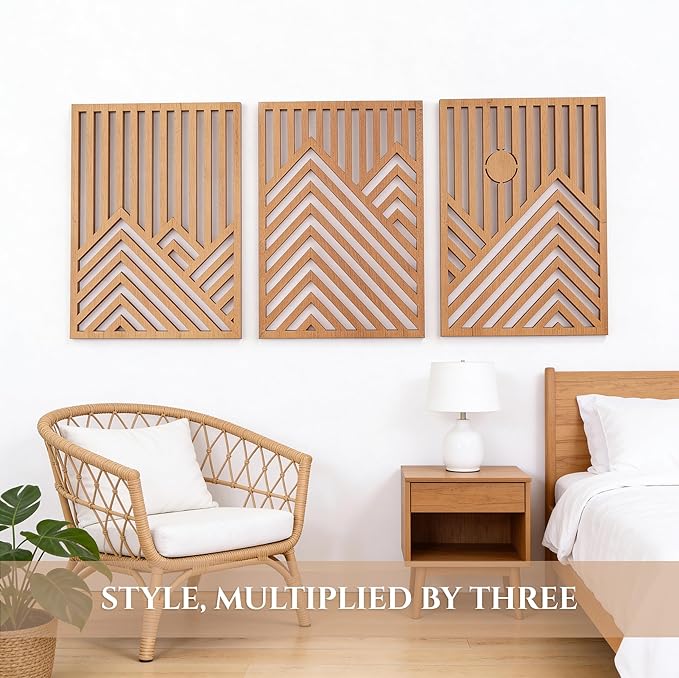 qmmp Modern Wooden Wall Sculptures - Set of 3 - MDF - Oak - Home Decor Accent - Large Wall Art for Living Room, Bedroom, Office - Easy Installation (Oak, XXLarge - Mountain and Sun, Unframed)
