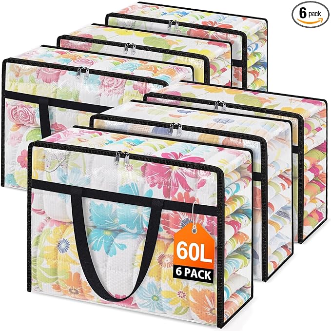 Clear Under Bed Storage Containers - 6 Pack Large Capacity Clothes Storage Bags with Lid & Sturdy Handles, Foldable Moving Bags, Clothing Organizer Totes for Bedding, Comforter, Sheet（60 L）
