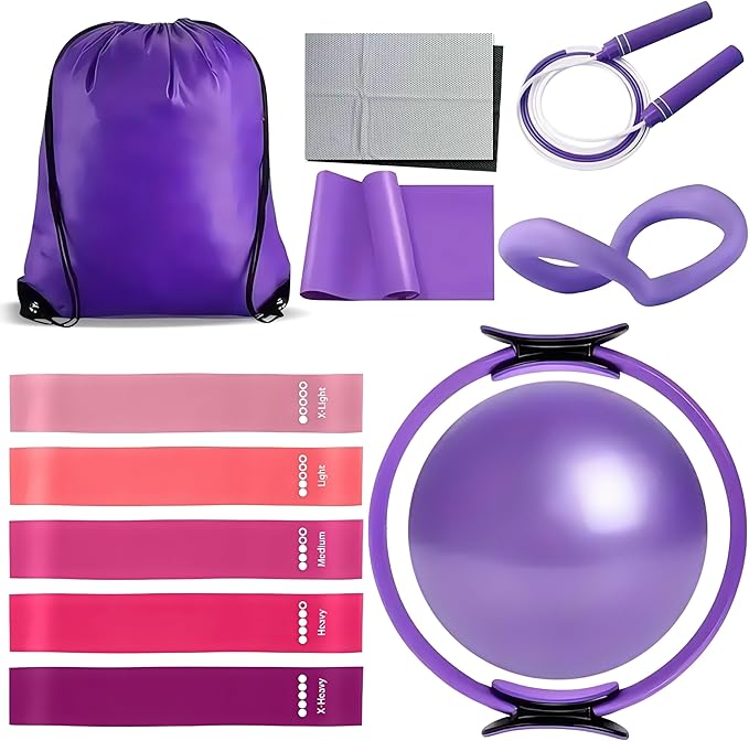 Pilates Equipment Set for Women - 12PCS Pilates Starter Accessories Kit with 10'' Ball, Magic Circle, Yoga Ring, Resistance Bands, Stretching Strap for Home Workout Exercise Beginner Essentials