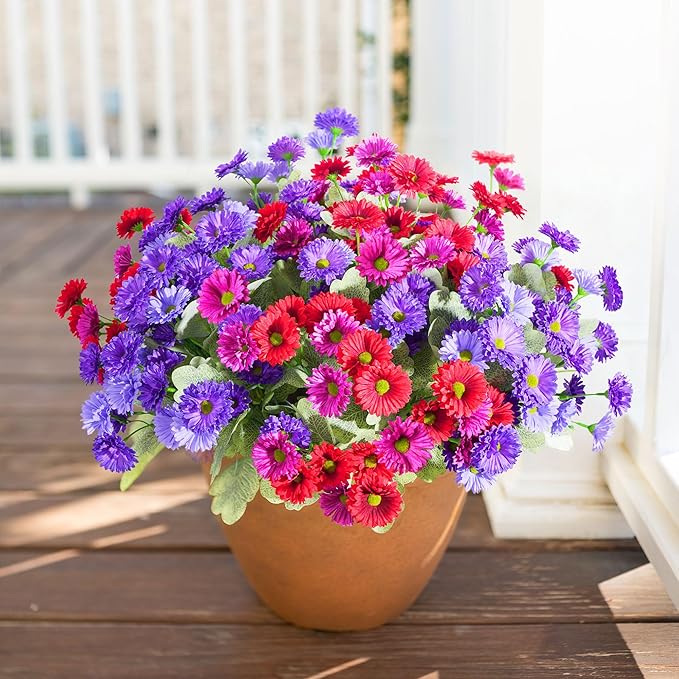 HyeFlora Artificial Flowers for Outdoors Spring Summer Decor, 6 Bundles Fake Daisy Silk Flowers for Outside Realistic UV Resistant Outdoor Faux Plants for Planters Porch Patio Garden Yard Home, Mixed