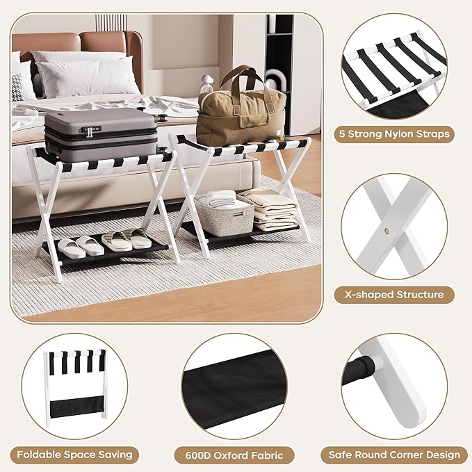 26.77" Full Assembled Luggage Rack for Guest Room, Set of 2 Bamboo Foldable Suitcase Stand, Bedroom & Hotel, Folding Luggage Holder with 5 Nylon Straps, 600D Oxford Fabric Shelf White