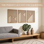 qmmp Modern Wooden Wall Sculptures - Set of 3 - Home Decor Accent - Large Wall Art for Living Room, Bedroom, Office - Easy Installation (Oak, XLarge - Mountain and Sun)