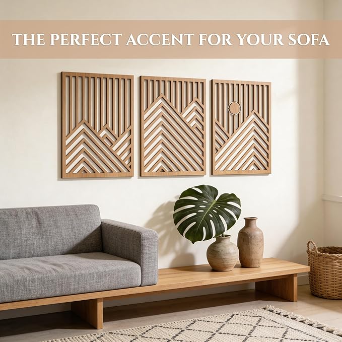 qmmp Modern Wooden Wall Sculptures - Set of 3 - Home Decor Accent - Large Wall Art for Living Room, Bedroom, Office - Easy Installation (Oak, XLarge - Mountain and Sun)