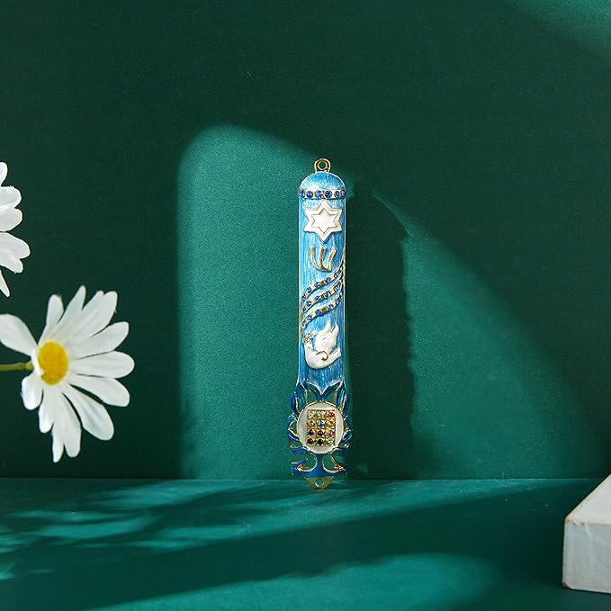 Matashi Hand Painted Light Blue Enamel Mezuzah Case Embellished with Star of David, Peace Dove, and Priestly Hoshen Breastplate with Blue Crystals - Jewish Home Door Decor, Housewarming Judaica Gift