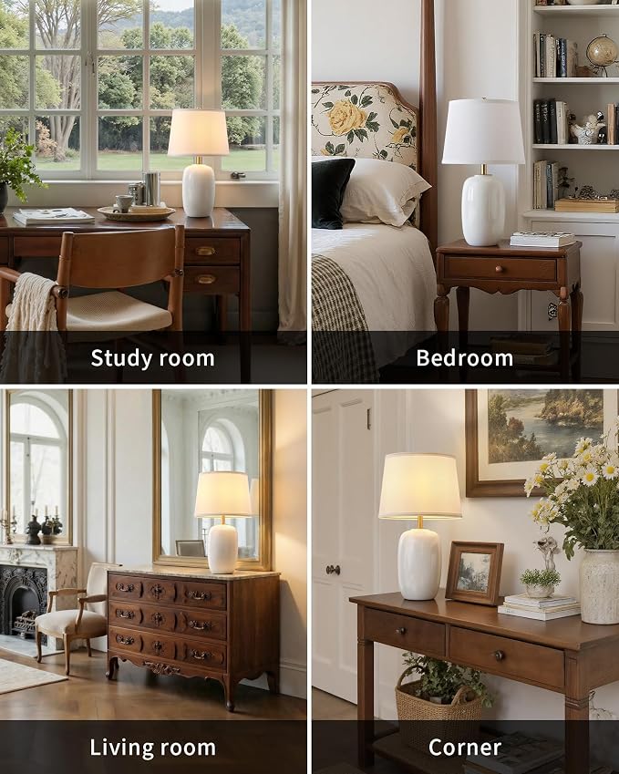 PUSU 22 Inch White Ceramic Table Lamps Set of 2, Fabric Lampshade Living Room Office Desk lamp, E26 Socket Rotary Switch Lighting for Bedroom, Nightstand, Reading, Office, Study, Corner, Home Decor