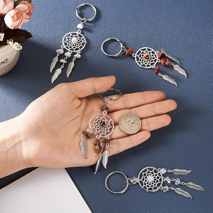 Pandahall 16Pcs Dream Catcher Crystal Charms for Keychains, Antique Silver Bohemia Net Feather Filigree Charms Hanging Ornament Decor for Car Keying Hanging Decoration Birthday Gifts
