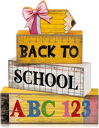 Lineshading 4 Pcs Back to School Table Decorations Wooden Pencil Stacked Block Decor, "ABC 123" Signs with Pencil Topper, Rustic Back to School Tiered Tray Decoration for Home Classroom Teacher Desk