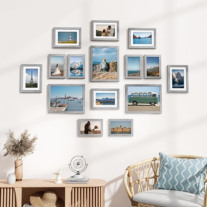 Vittanly 15 Pack Picture Frames Collage Wall Decor for Mounting or Tabletop Display, Gallery Frame Set for Family, Multi Sizes Including 3pcs 8x10, 6pcs 5x7, 6pcs 4x6, Grey