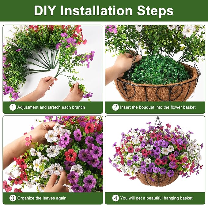 Artificial Faux Hanging Flowers Plants with Basket for Outdoor Spring Decoration, Fake Silk Daisy Outside Indoor UV Resistant Look Real Yard Patio Front Porch Garden Balcony Home Decor(Mix4)