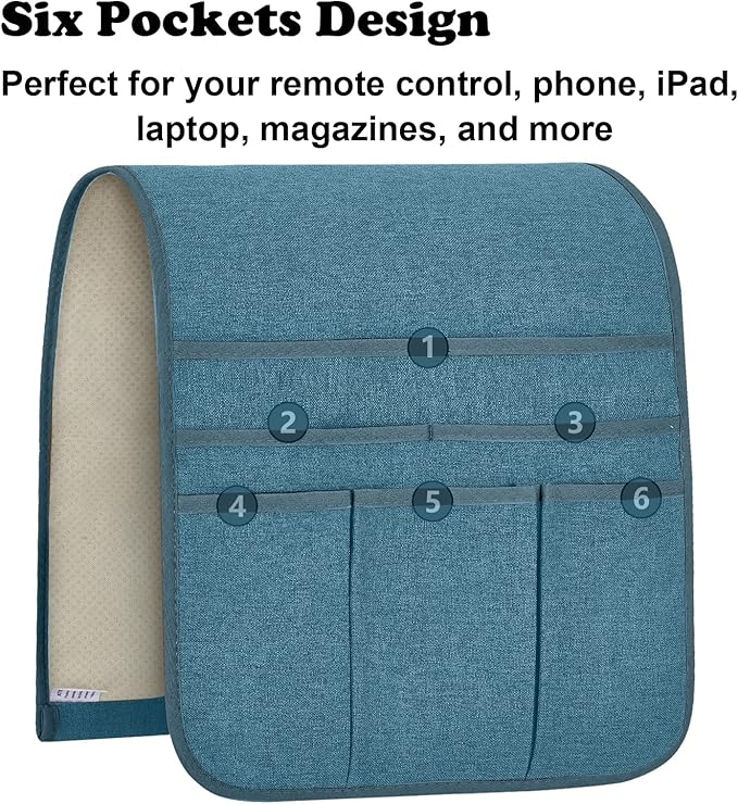 Teniux Remote Control Holder Armchair Caddy for Recliner Couch, Non-Slip Armrest Organizer with 5 Pockets for Magazine, Tablet, Phone, iPad (Teal)