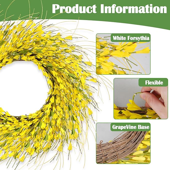 GTIDEA 26 Inch Spring Wreaths for Front Door Large Spring Door Wreath Wild Floral Summer Forsythia Flower Wreaths Outside All Season for Farmhouse Porch Wedding Living Room Home Easter Decor (Yellow)