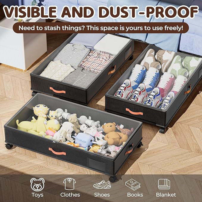 Under Bed Storage with Wheels 2-Pack, Under Bed Storage Containers 66L Clear Lids, Rolling Storage Drawers for Clothes Shoes Blankets, Underbed Organizer Bins(32" L x 17.3" W x 7.2" H)