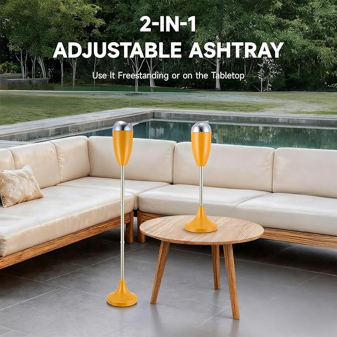 CO-Z Adjustable Ashtray, Smokeless Odorless Indoor Outdoor Floor Standing Ash Tray with Lid for Home Patio Cigarettes Ash Butt Disposal, Windproof Balcony Ashtray in 20", 27.5", 35" Heights, Yellow