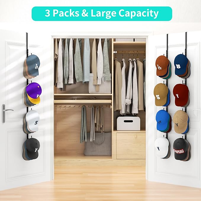 HapiRm Over Door Hat Rack - 3 Packs Hat Organizer with 12 Hooks Design, Hanging Baseball Cap Organizer Storage Holds Up to 60 Caps for Door, Bedroom, Closet (Black)