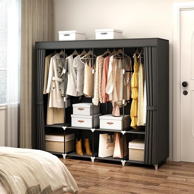 Portable Closet Wardrobe, 67-Inch Clothes Organizer with 4 Hanging Rods and 8 Shelves, Non-Woven Fabric Cover, Large Capacity Storage for Bedroom and Living Room, Black