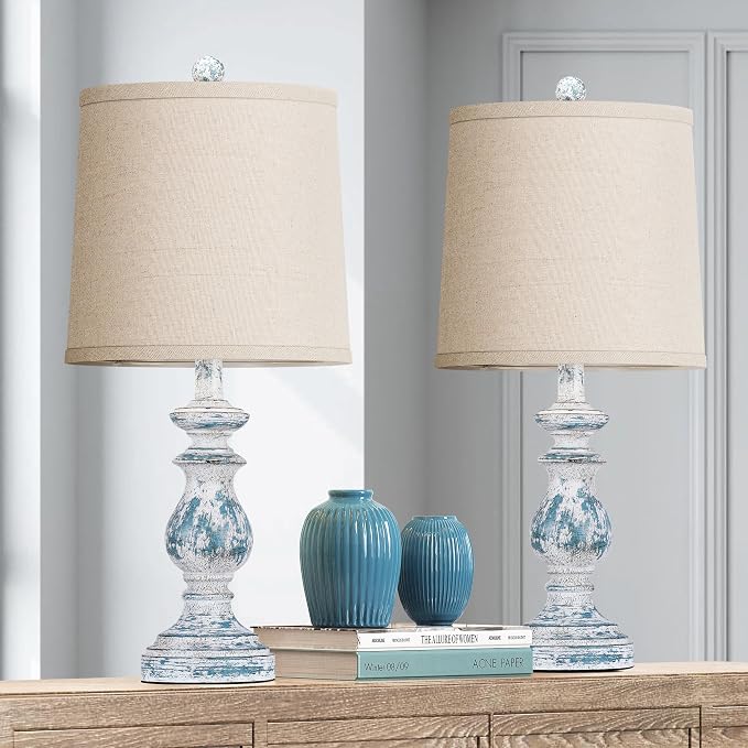PARTPHONER Traditional Table Lamp Set of 2, Rustic Farmhouse Table Lamps for Living Room Bedroom, 22" Bedside Desk Lamps Vintage Nightstand Lamps with Linen Shades, Washed Blue