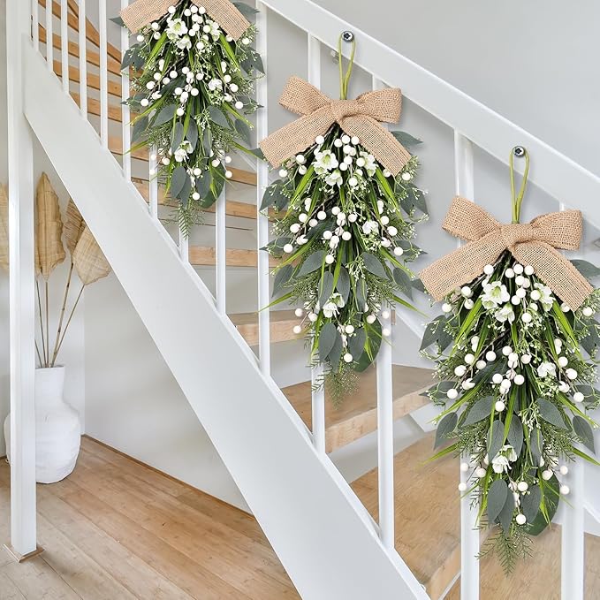 2 Pcs 24" Artificial White Flower Teardrop Wreaths Swag Spring Summer Berries Swags Wreath White Floral Hanging Wreaths for Kitchen Cabinet Doors Window Wall Wedding Party Home Decor
