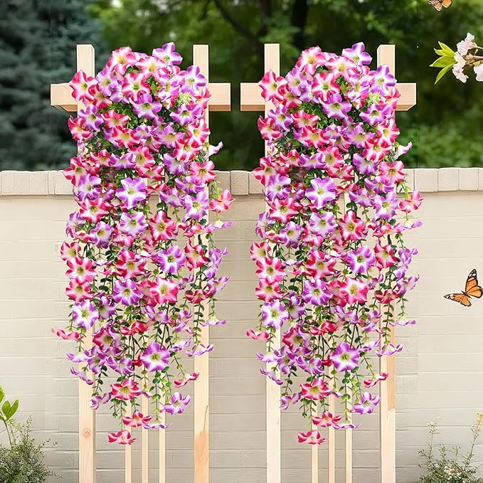 Waipfaru Artificial Petunias Flowers for Outdoors, 2 Pcs UV Resistant Fake Hanging Plants Spring Outside Decor, Faux Silk Flowers Long Trailing Vines for Outdoor Planters Porch Garden (Purple Fuchsia)