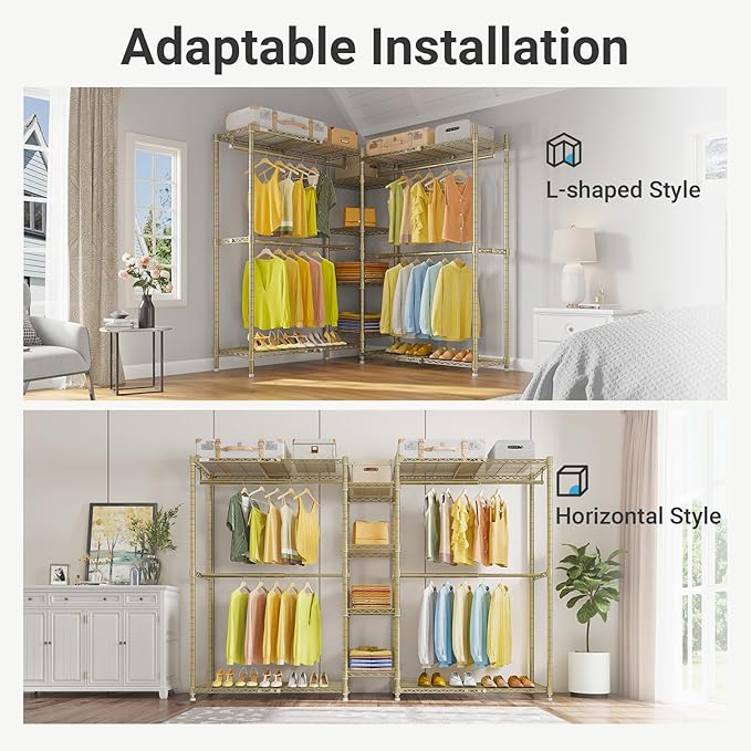 VIPEK X3 Expandable Heavy Duty Clothes Rack Adjustable from 5'2" to 8' with Adjustable Shelves and Hanger Rods, Large Freestanding Clothing Racks Reach-in & Walk-in Closet, Max Load 1210LBS, Gold