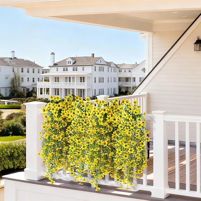 Artificial Hanging Flowers Plants for Outdoor Spring Summer Decoration, 2PCS Faux Silk Daisy UV Resistant Look Real for Outside Home Indoor Planter Porch Garden Yard Decor(Yellow)