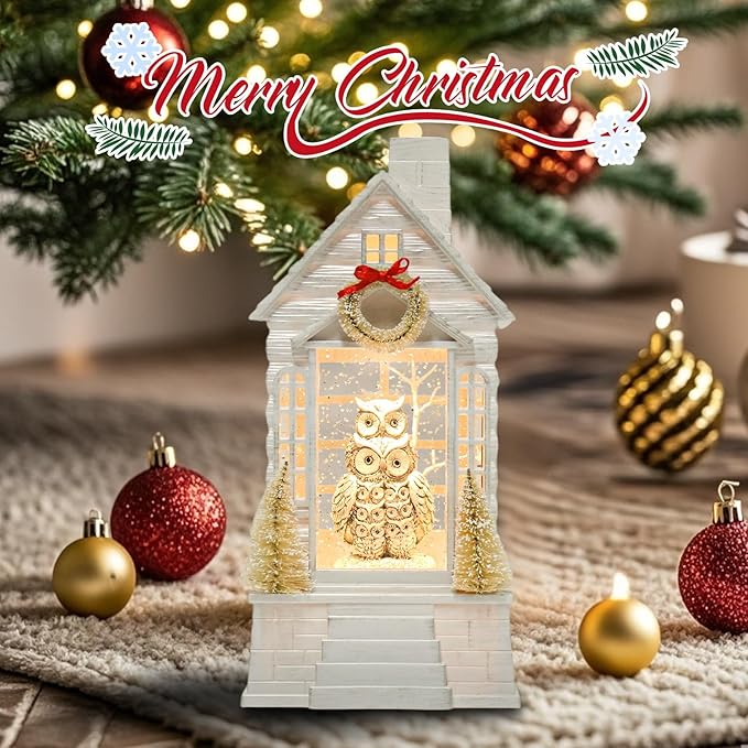 Owl Christmas Snow Globe Lantern with 8 Music Songs & 6H Timer Water Snow Globe Lantern USB & Battery Operated for Christmas Festival Decorations Gifts (Owl)