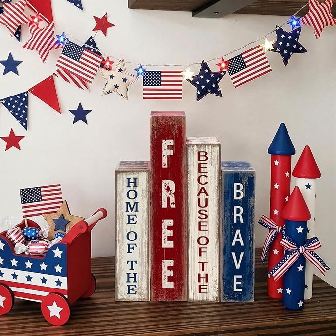 Lineshading 4 Pcs 4th of July Decoration Wooden Book Patriotic Tiered Tray Decor America Decor Red White Blue Memorial Day Centerpiece for 250th Anniversary Independence Day Home Shelf Coffee Bar