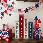Lineshading 4 Pcs 4th of July Decoration Wooden Book Patriotic Tiered Tray Decor America Decor Red White Blue Memorial Day Centerpiece for 250th Anniversary Independence Day Home Shelf Coffee Bar