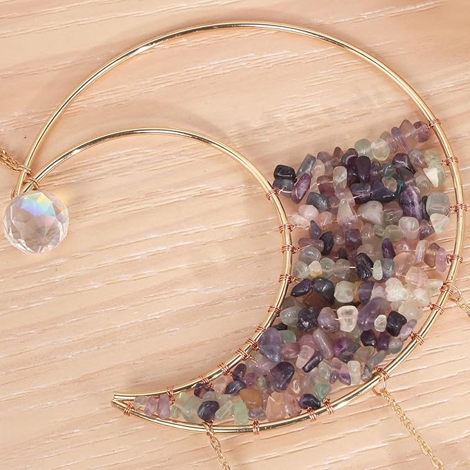Mini Cobblestone Color Crescent Moon Crystals Sun Catcher Dream Catchers Gemstone Suncatcher with Heart Ornament Handmade Dreamcatcher Wall Decor for Adults Girls Bedroom Wedding Garden Bless Gift