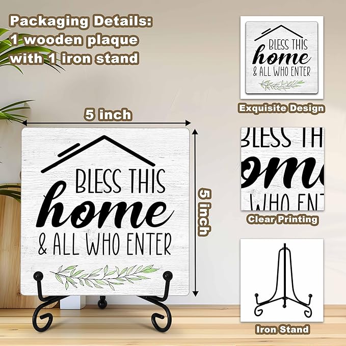 Welcome Home Sign, Blessed Signs for Home Decor, Farmhouse Wooden Plaque with Iron Stand, 5.12 Inches Square, Tabletop Decorative Plaque