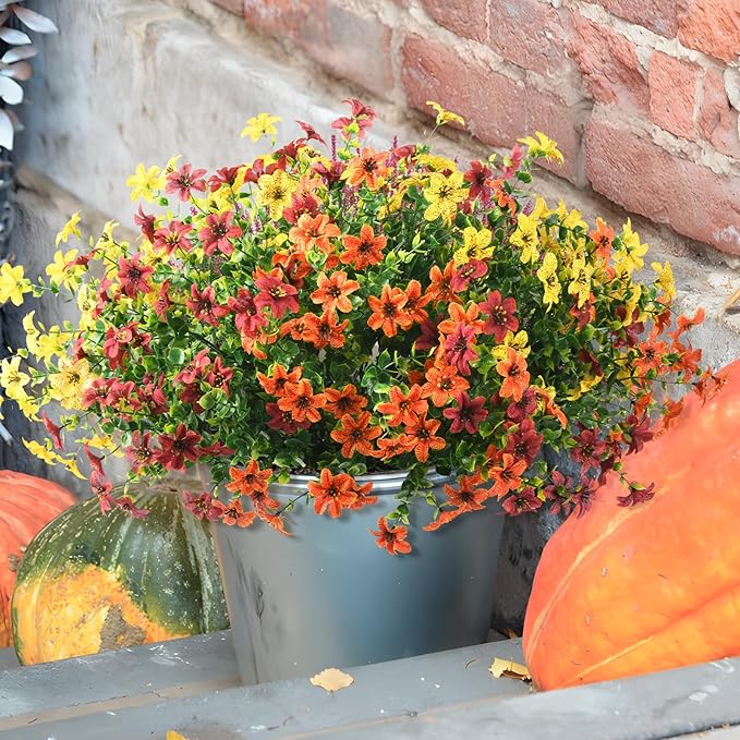 Artificial Flowers for Outdoors 12 Bundles Fake Plants Spring Home Decoration, Realistic Faux Flower Silk Daisy with Eucalyptus Stem UV Resistant Patio Planter Porch Yard Window (Yellow Brown Orange)