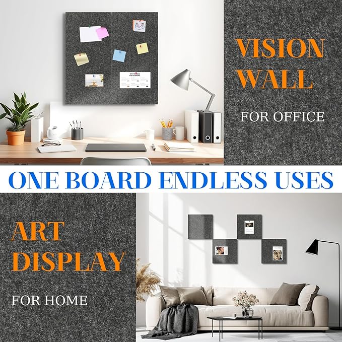 DOLLAR BOSS Felt Cork Board Tiles, 4 Packs 12" x 12" 1/2" Thick Cork Bulletin Board Self Adhesive Acoustic Panels Soundproof Corkboards for Walls with 40 Pushpins for Home Office Kitchen School, Grey