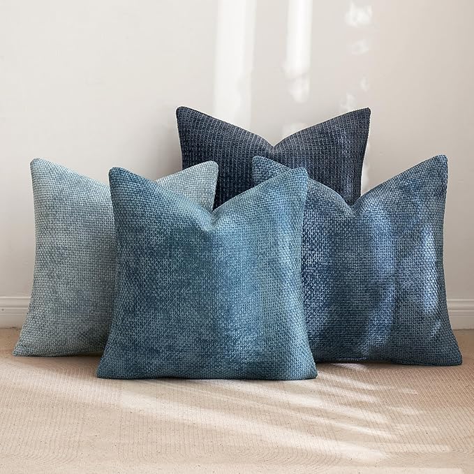 MIULEE Pack of 4 Couch Throw Pillow Covers 16x16 Inch Neutral Blue Soft Decorative Chenille Pillow Covers Farmhouse Accent Cushion Covers for Boho Western Spring Coastal Decor Sofa Bed Living Room