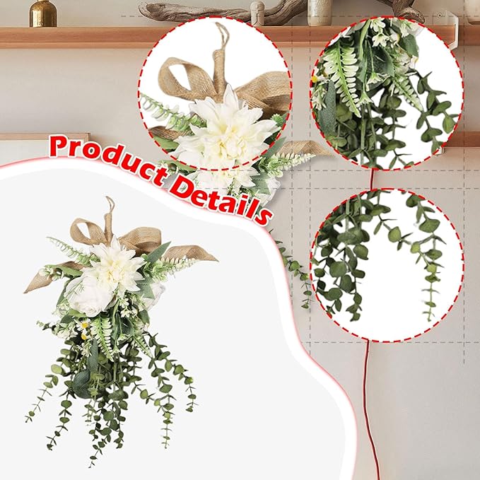 Qianly Artificial Floral Swag Garland Outdoor Indoor, Decorative, Flower Teardrop Wreath, Hanging for Office Holidays Festivals Wall, White