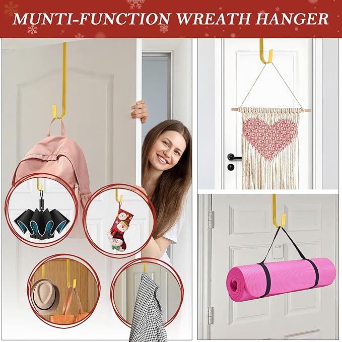 12" Metal Wreath Hanger for Front Door, Tools-Free Wreath Hanger Heavy Duty, Over-the-Door Hooks for Hanging Welcome Sign, Wreath Holder for Easter, Halloween, Fall, Christmas Decorations(Gold)
