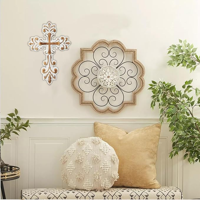 SOFE Decorative Wall Crosses for Home Decor, White Wash Wood Cross for Wall Decor, Rustic Cross to Hang on Wall, Wall Art Hand Carving Unique Pattern, Easter Religious Gifts