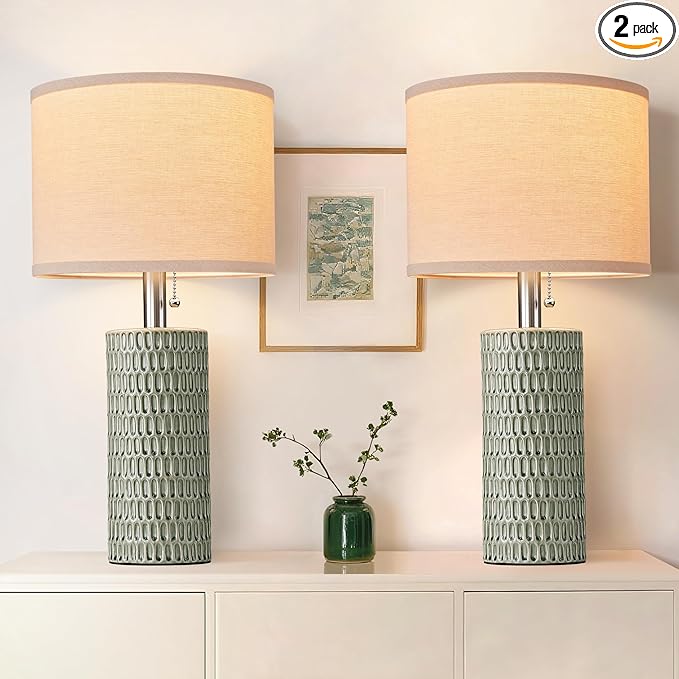 Reaketon 20.5" Modern Ceramic Table Lamps for Bedroom Set of 2, Bedside Lamps for Night Stands with Beige Lampshade, Farmhouse Table Lamp for Living Room Office Dorm, Light Green