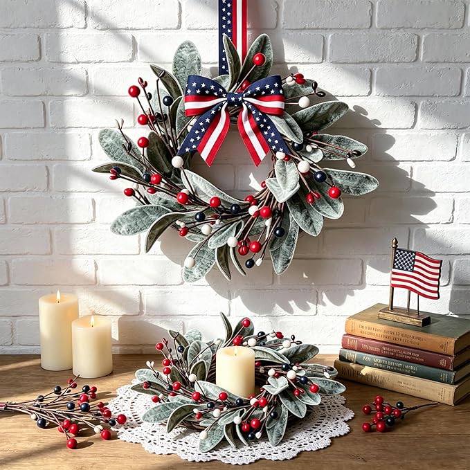 6 PCS Patriotic 4th of July Hanging Wreaths for Cabinets Small Independence Day Wreaths for Front Door with Red White Blue Berries & Lamb's Leaves Memorial Day Labor Day Mini Wreath for Home Decor