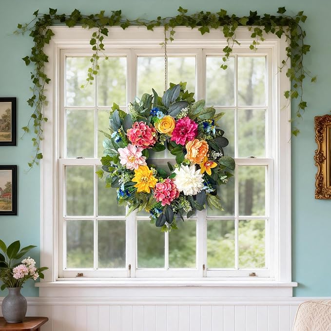 24 Inch Spring Wreaths for Front Door,Spring Wreaths,Spring Summer Door Wreaths with Yellow and Pink Dahlia Hydrangea Peony Flower Wreath for Outside Indoor Outdoor Home Porch Wall Decor