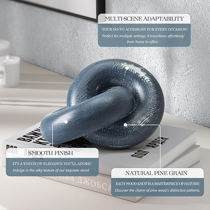 EOSAHR Boho Pine Wood Knot Decor Blue Wooden Chain Link Sculpture for Coffee Table, Bookshelf & Side Table Simple Modern Decorative Knot for Stylish Home Decor