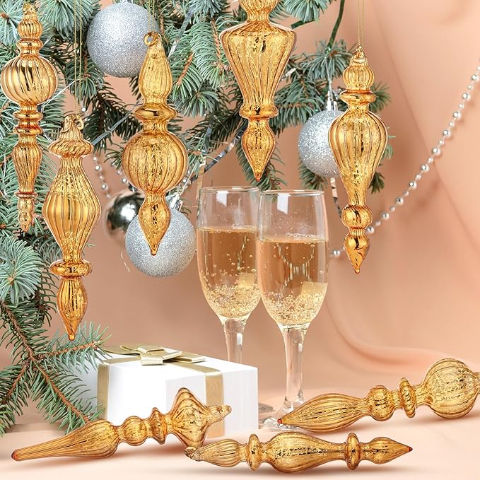 Mifoci 8 Pcs 6 Inch Mercury Glass Finial Christmas Ornaments Hanging Christmas Finials Glass Ornaments Assorted Mercury Decor for Vintage Holiday Xmas Tree Decoration(Champagne)