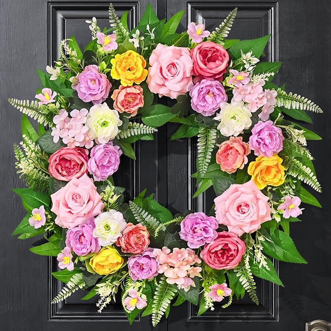 Yastouay Summer Wreaths for Front Door, 24 Inch Large Summer Wreath with Realistic Rose Peony, Full Floral Wreaths for Front Door Porch Farmhouse Patio Wall Decor All Season