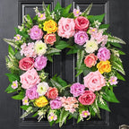 Yastouay Summer Wreaths for Front Door, 24 Inch Large Summer Wreath with Realistic Rose Peony, Full Floral Wreaths for Front Door Porch Farmhouse Patio Wall Decor All Season