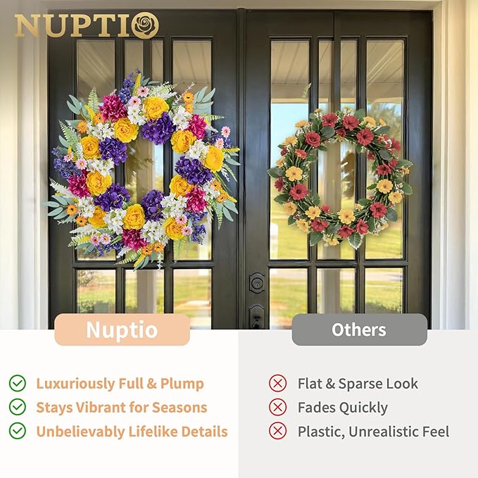 NUPTIO Summer Wreath for Front Door: 26 Inch Spring Wreaths with Hydrangea Daisy Peony Ranunculus Dahlia Hanger - Outdoor Realistic Artificial Flowers Holiday Decor for Wall Window Porch