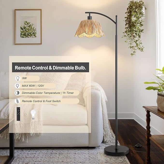 Oneach Boho Floor Lamp with 3 Color Temperatures, Farmhouse Floor Lamps for Living Room with Remote & Dimmable Bulb, Rattan Floor Lamp for Bedroom, Black