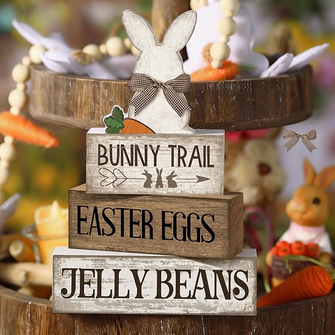 Lineshading 4 Pcs Easter Table Decoration Wooden Rabbit Easter Day Tiered Tray Decor Rustic Wooden Bunny Block Sign Gifts Cute Bunny Centerpiece Farmhouse Holy Week Party Decoration for Home Kitchen